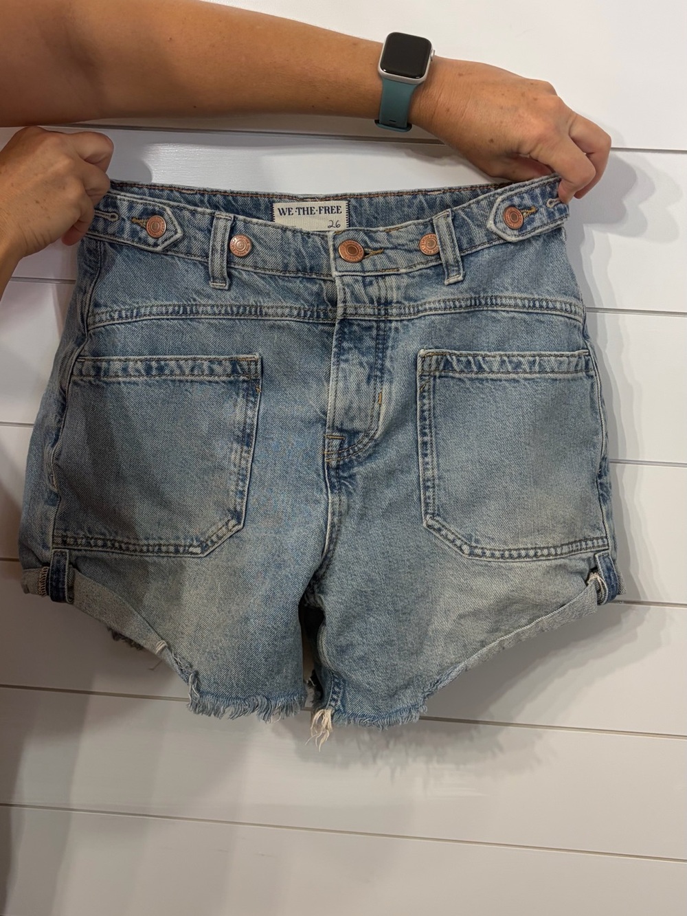 We The Free Distressed Light Blue High-Rise Denim Cutoff Shorts